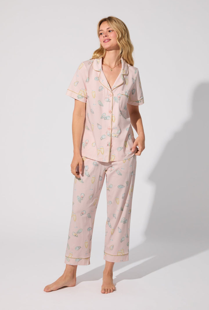 Oyster and Champagne Short Sleeve Classic Stretch Jersey Cropped PJ Set