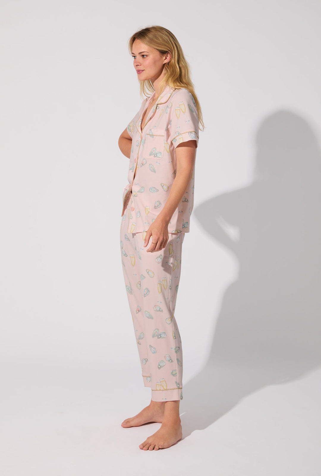 Oyster and Champagne Short Sleeve Classic Stretch Jersey Cropped PJ Set