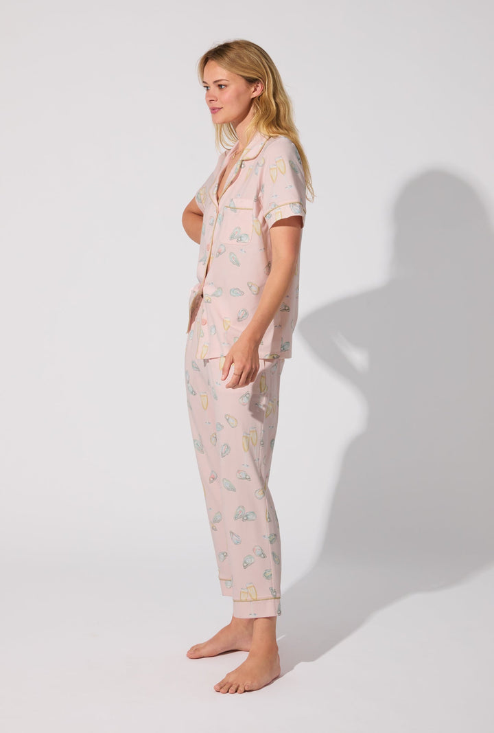 Oyster and Champagne Short Sleeve Classic Stretch Jersey Cropped PJ Set