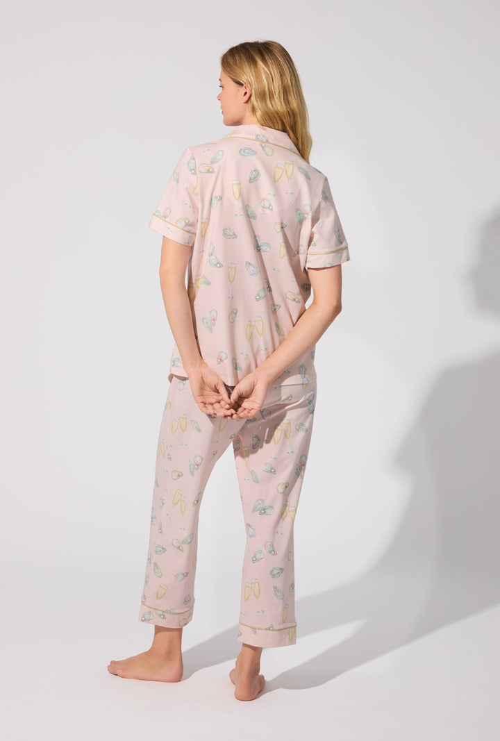 Oyster and Champagne Short Sleeve Classic Stretch Jersey Cropped PJ Set