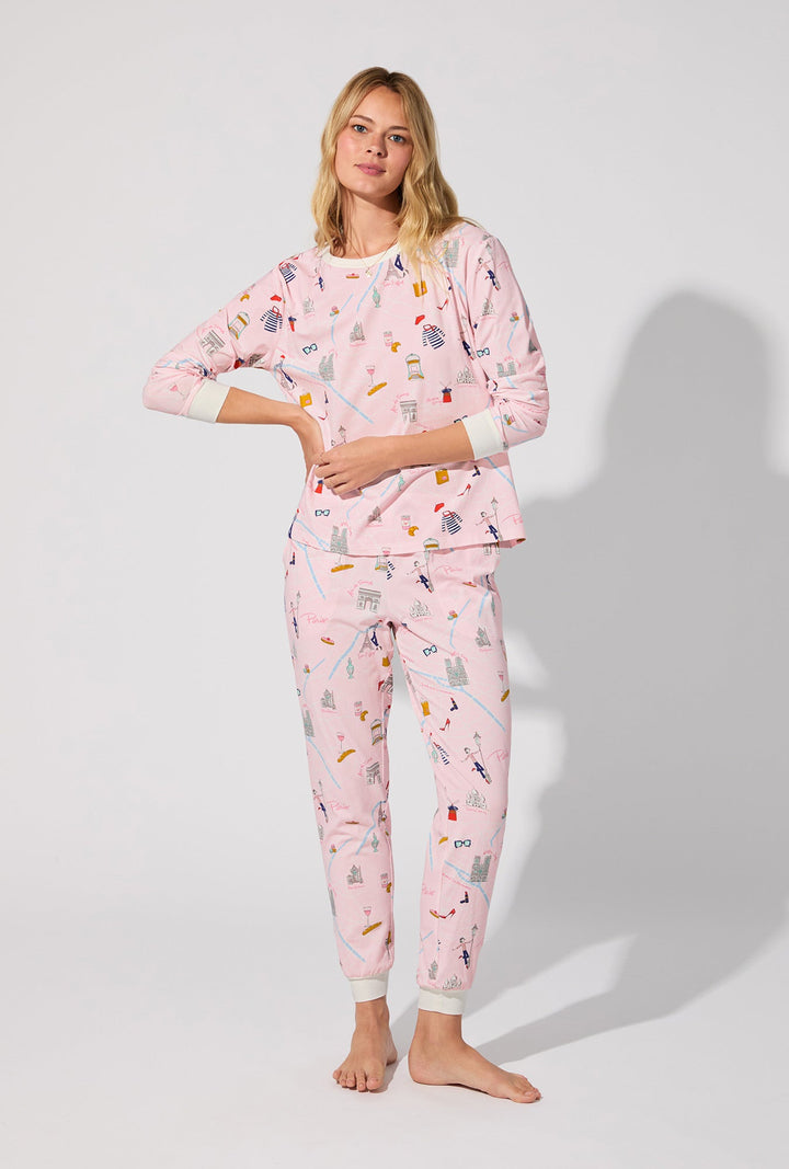 48 Hrs In Paris Long Sleeve Pullover Crew and Jogger Stretch Jersey PJ Set