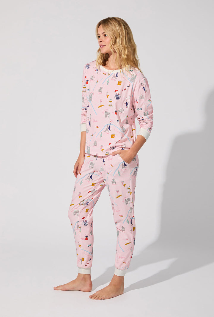 48 Hrs In Paris Long Sleeve Pullover Crew and Jogger Stretch Jersey PJ Set