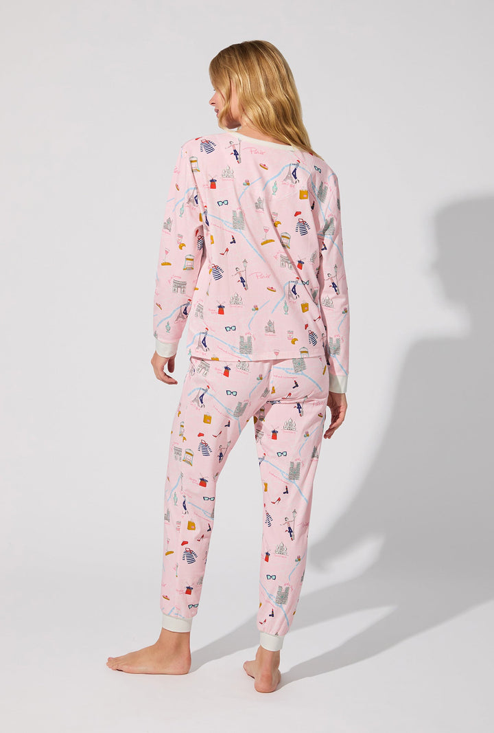 48 Hrs In Paris Long Sleeve Pullover Crew and Jogger Stretch Jersey PJ Set