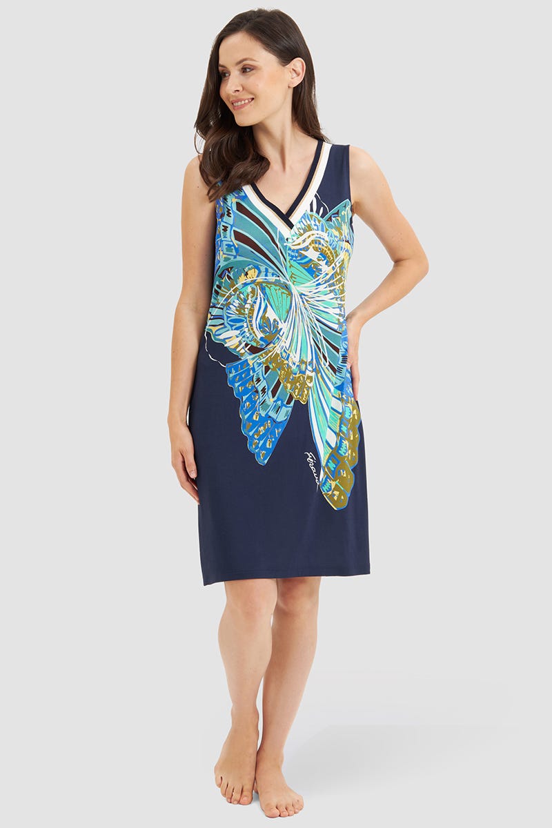 Beach dress sleeveless with butterfly print blue